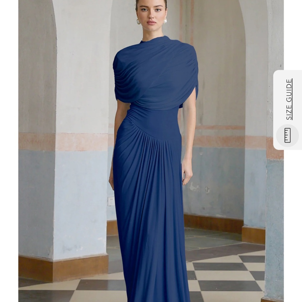 Catherine asymmetrical pleated maxi dress in Navy-blue
